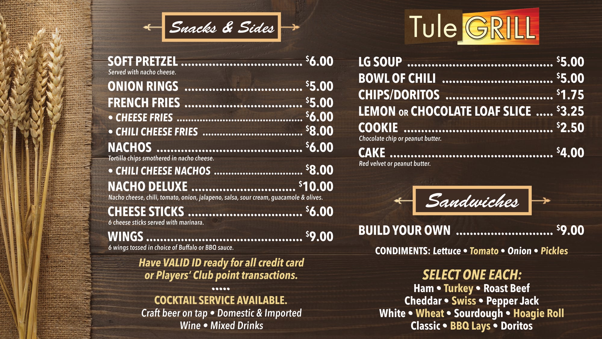 Tule Grill menu: Snacks & Sides and Build-Your-Own Sandwiches